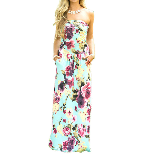 Floral Print Strapless Sleeveless Off Shoulder Dress